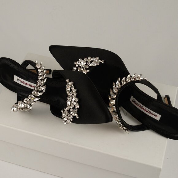 Manolo Blahnik Lurum 90 Crystal Embellished Mules, Black Satin, EU 39.5/US 9.5 - Picture 6 of 7